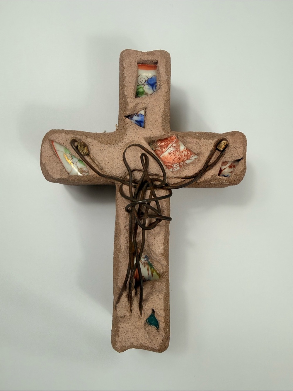 Handcrafted Stone Cross Mosaic Accents Wire Jesus Silhouette Signed Susan Combs